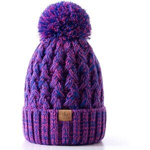 Women’s Dark Rose Winter Ribbed Beanie Hat Chunky Cable Knit Pompom Warm